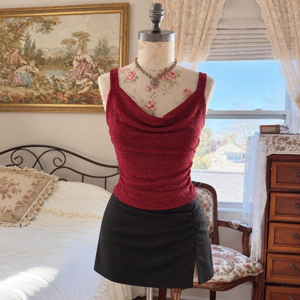 sparkly red cowl top Y2K red metallic knit going out top